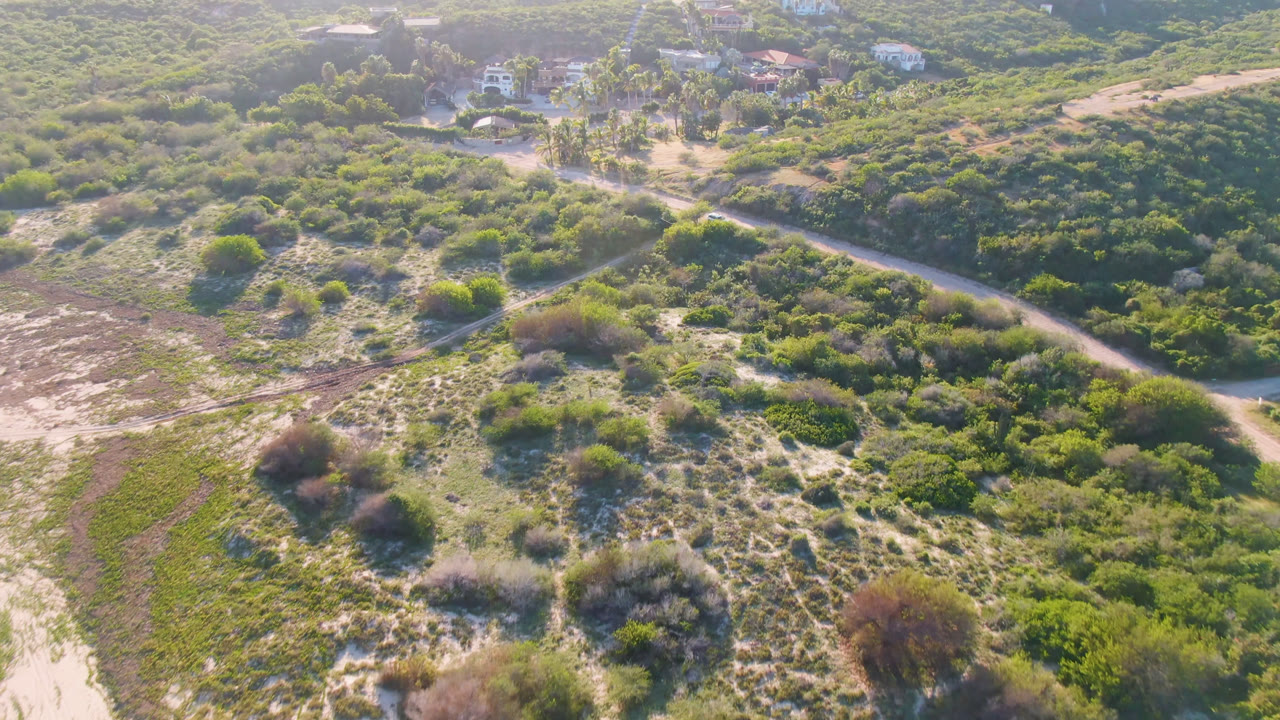 Drone view over Los Frailes scrubland with the winding road shifting closer to center, darker green vegetation to the right, and no visible people.
