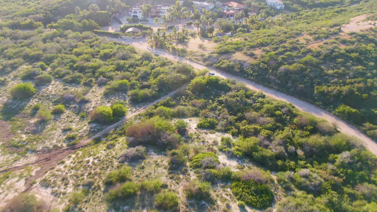 High drone view over Los Frailes, Baja California Sur, showing a pale dirt road cutting through green scrubland with a small car near the right side and no visible people.