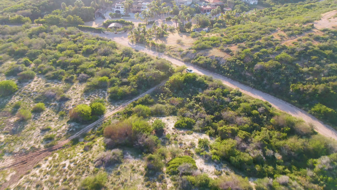 Aerial view in Los Frailes with the car slightly farther along the diagonal dirt road, surrounded by dense green brush, sandy clearings, palms, and no visible people.