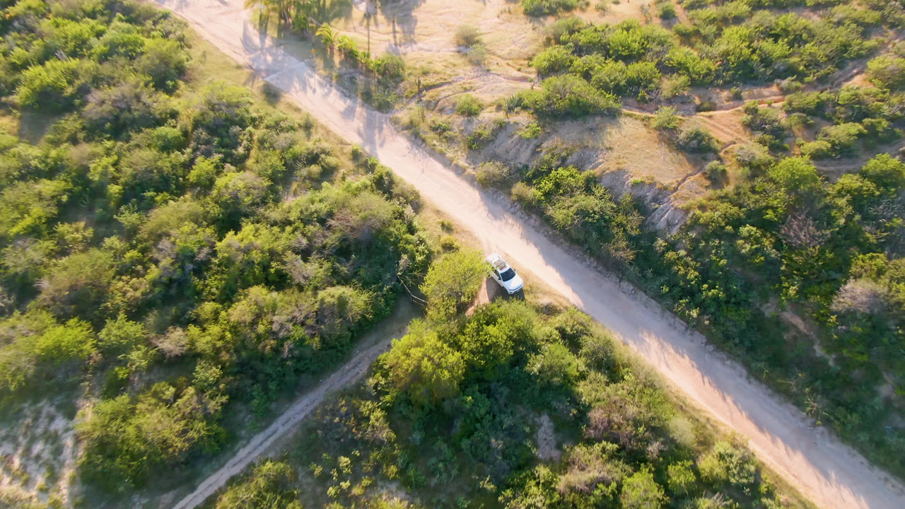 Aerial frame over Los Frailes shows the white car farther along the road edge, with dense low vegetation, pale sand, and intersecting narrow tracks, with no visible people.