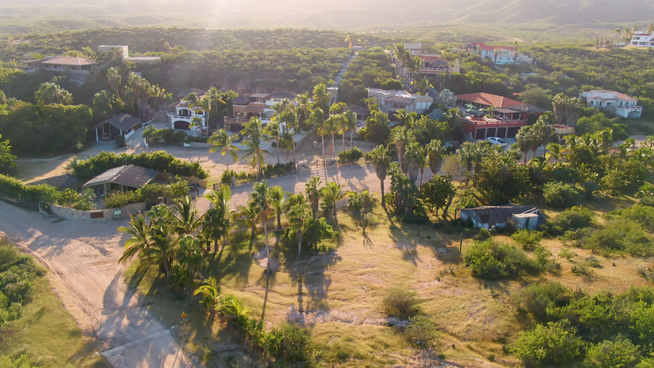 Aerial town view with palms, greenery, sandy paths, and homes.