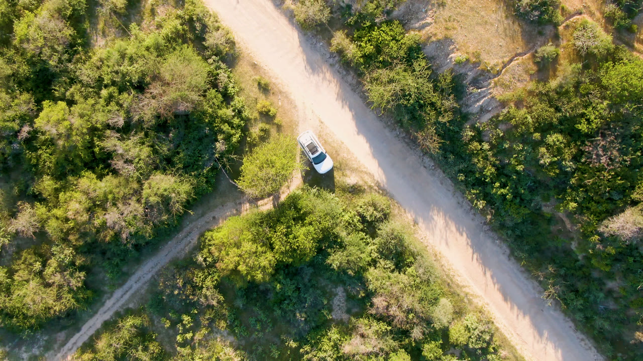 Overhead dirt road scene with a white vehicle and dense vegetation.