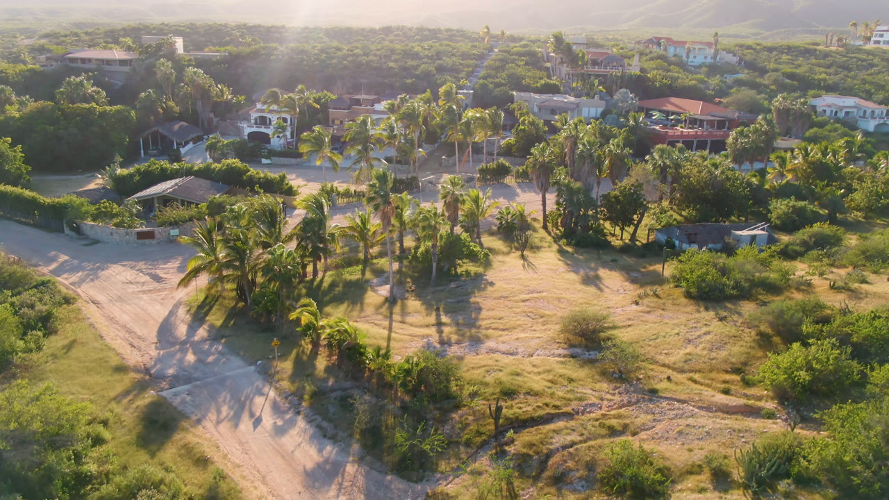 Aerial frame over Los Frailes, Baja California Sur, Mexico, showing a pale dirt road, palm clusters, scrubby grass, scattered houses, distant hills, and no visible people.