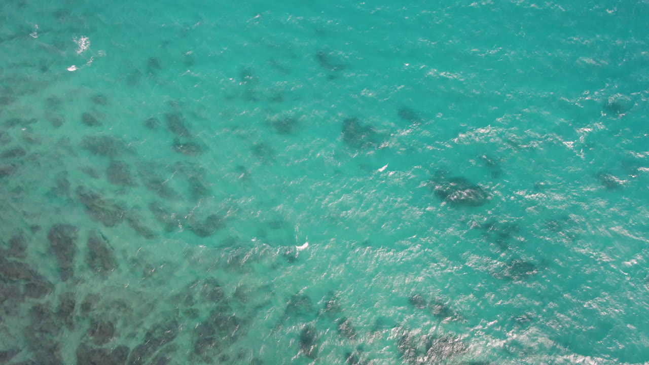 Straight-down aerial frame at Shipwrecks Beach in Los Cabos showing turquoise water, darker reef-like forms beneath the surface, scattered highlights, and no visible people.