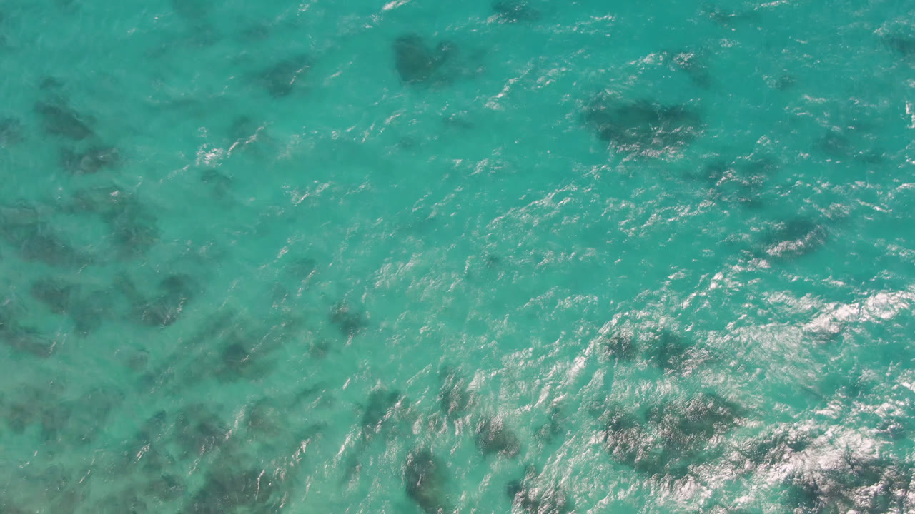 Turquoise ocean surface with darker submerged patches and small ripples.