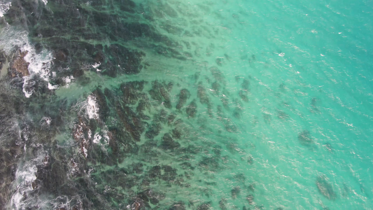 Overhead view at Shipwrecks Beach in Los Cabos showing turquoise water, dark submerged rocks, white surf along the left edge, and no visible people.