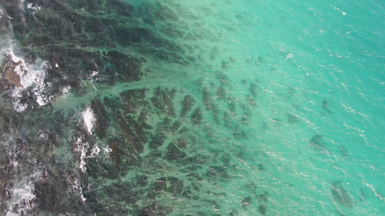Overhead frame from Shipwrecks Beach in Los Cabos with a broad dark rock band under green water, small white foam patches, and no visible people.