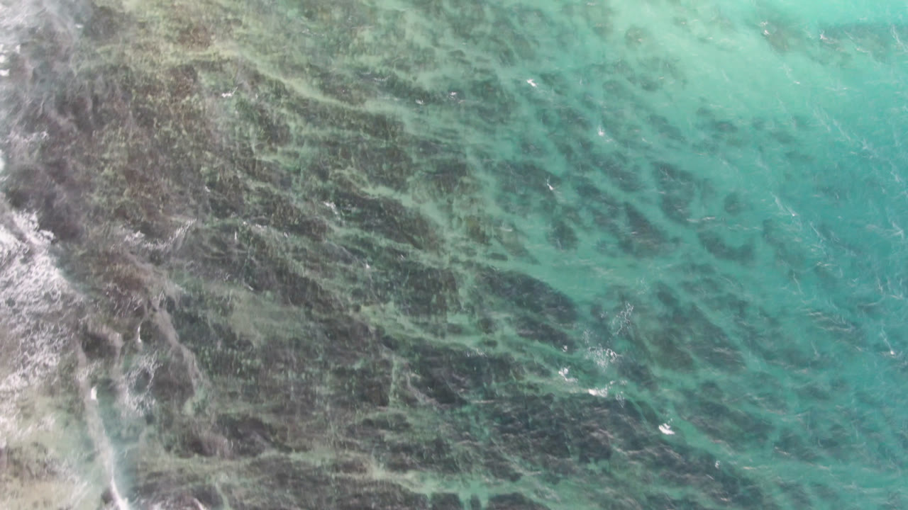 Overhead view of turquoise water and dark reef texture at Shipwrecks Beach in Los Cabos, with small white surf along the left edge and no visible people.
