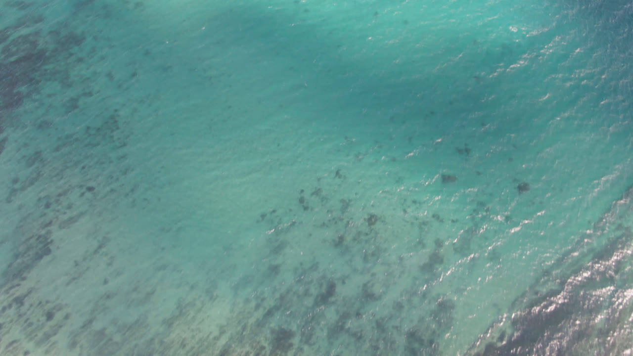 Turquoise ocean surface with dark underwater patches.