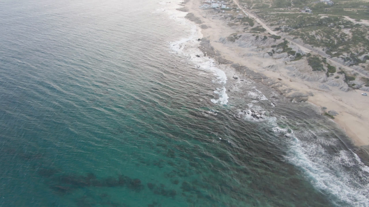 High coastal view with surf, beach, and sparse inland vegetation