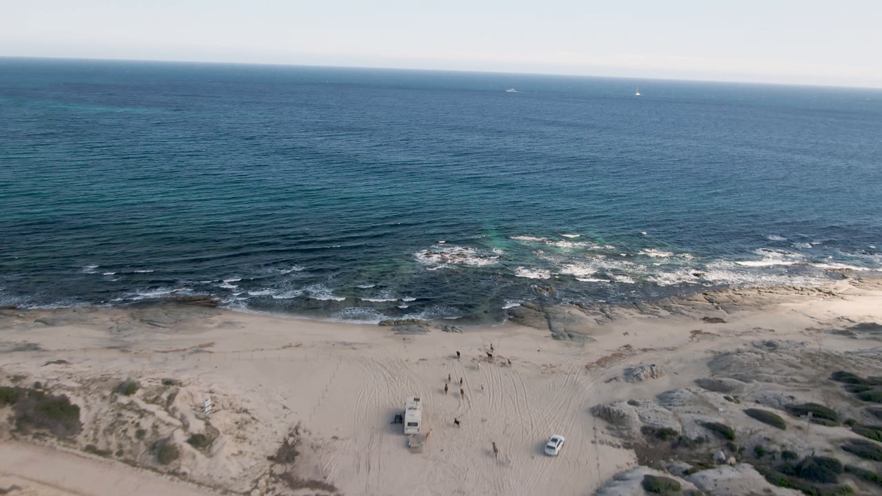 Wide aerial shoreline with reef, surf, sand, and vehicles.