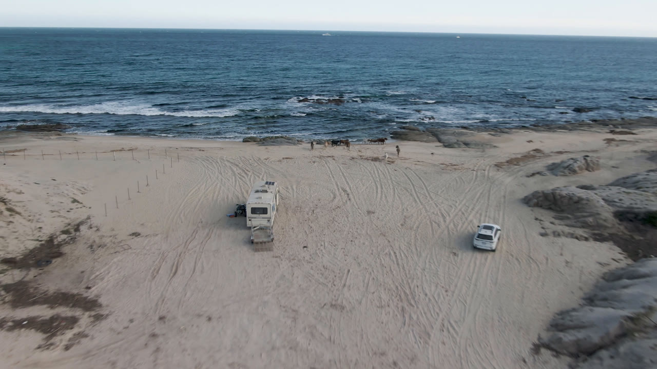 Drone frame of an RV and car on tracked sand above a rocky shoreline.