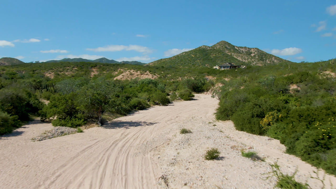 Dirt road through green desert scrub toward hills and a distant house