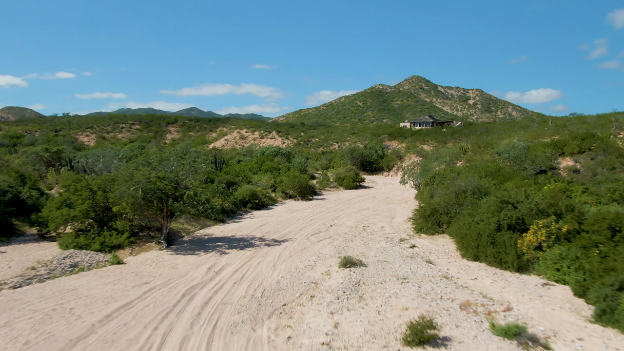 At 0:01, the Cabo Pulmo desert road remains centered between green shrubs, with tire marks in the sand, a small house ahead, low hills, and no visible people.