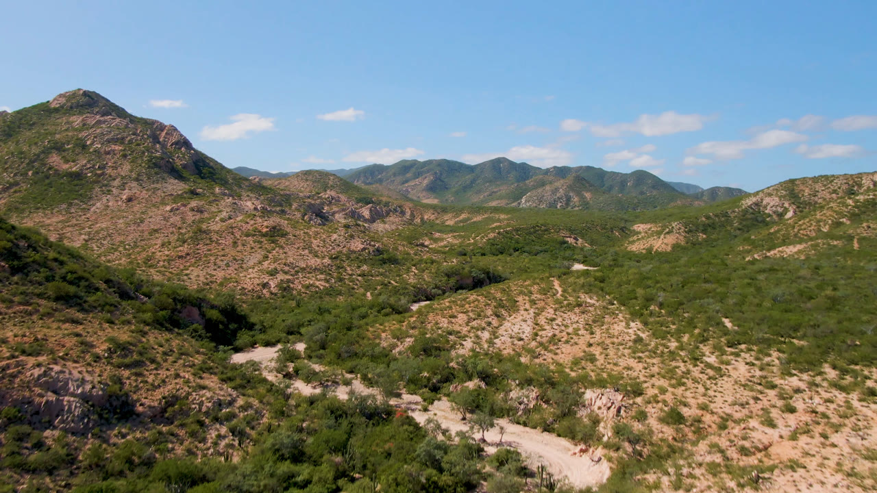 Cabo Pulmo desert valley at 0:01, with the left hillside prominent, green scrub across the basin, pale road traces below, distant mountains, blue sky, and no visible people.