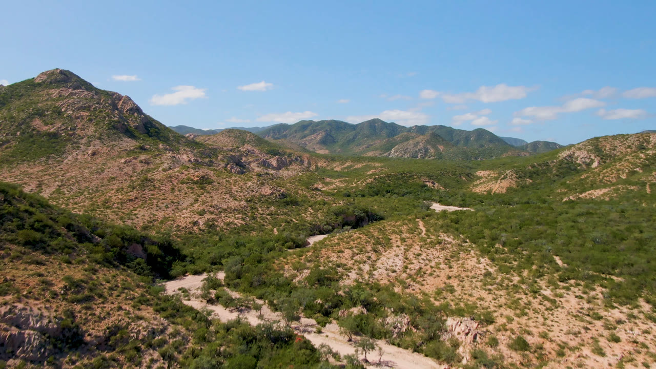 Mountain desert basin with road curves and sparse clouds