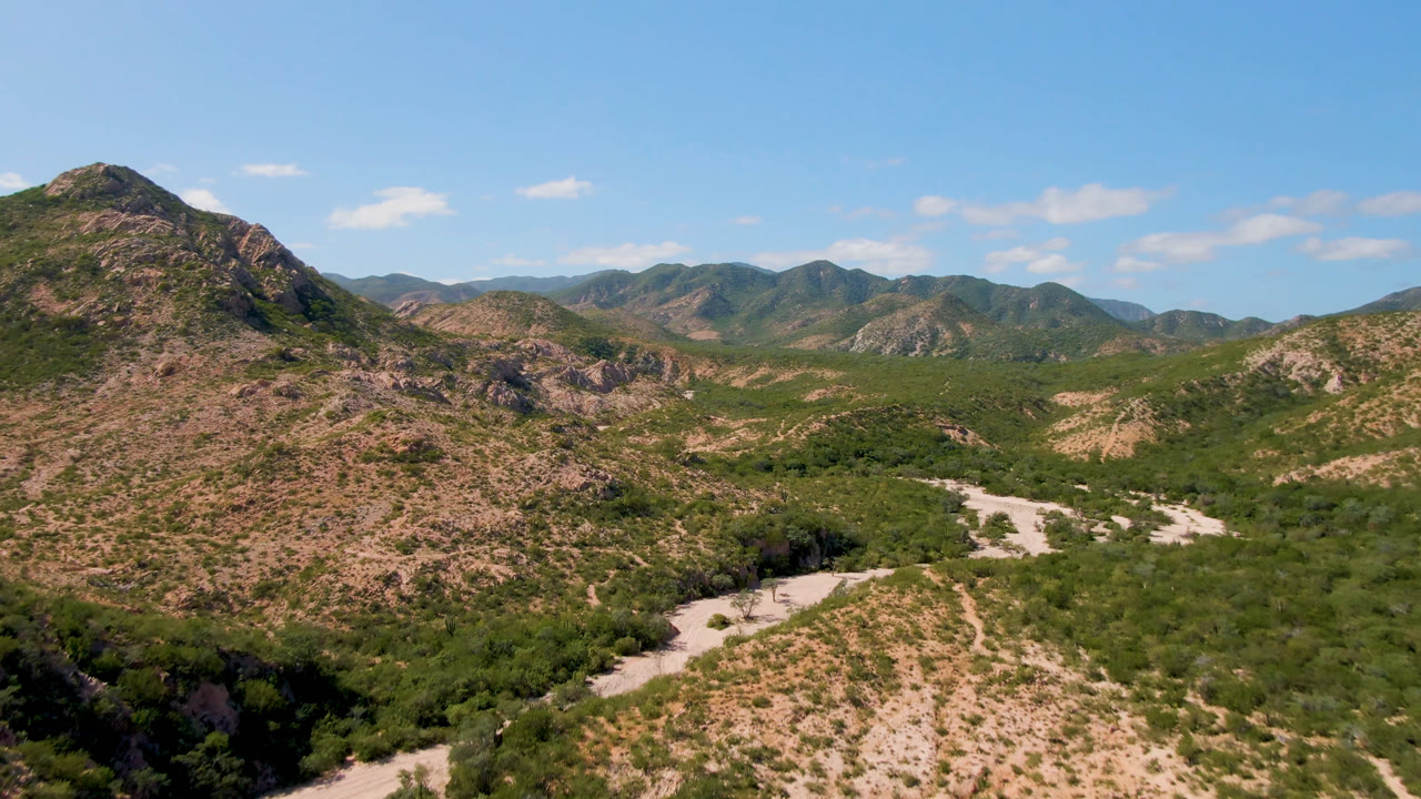 Aerial view of rocky desert mountains, green shrubs, pale washes, and blue sky.