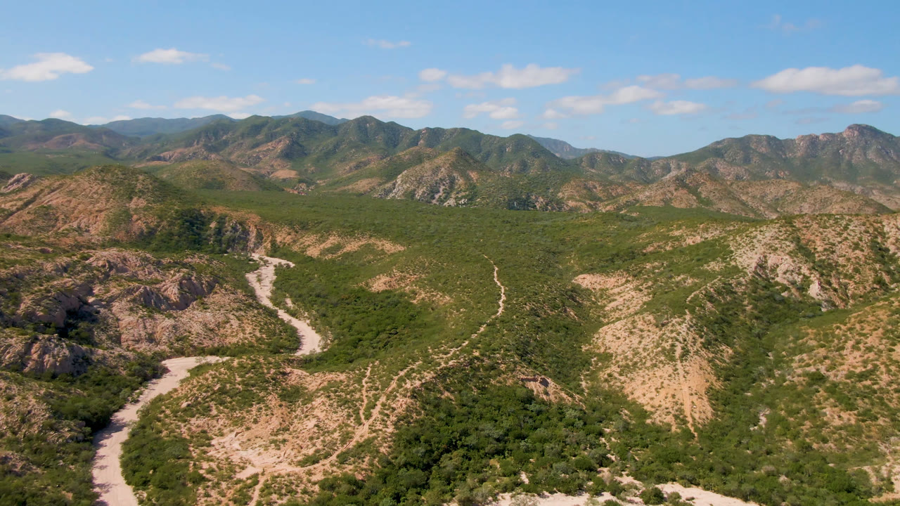 Aerial frame over Cabo Pulmo, Baja California Sur, showing a pale winding road crossing green desert scrub toward rocky mountain ridges, with no visible people.