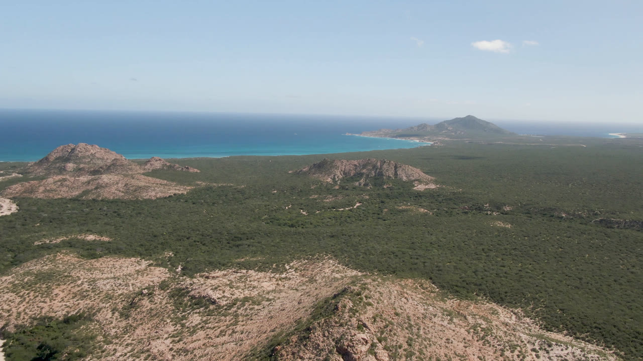 High aerial frame over Cabo Pulmo with pale rocky ridges in the foreground, green scrubland, low coastal hills, turquoise water, deep blue ocean, and no visible people.