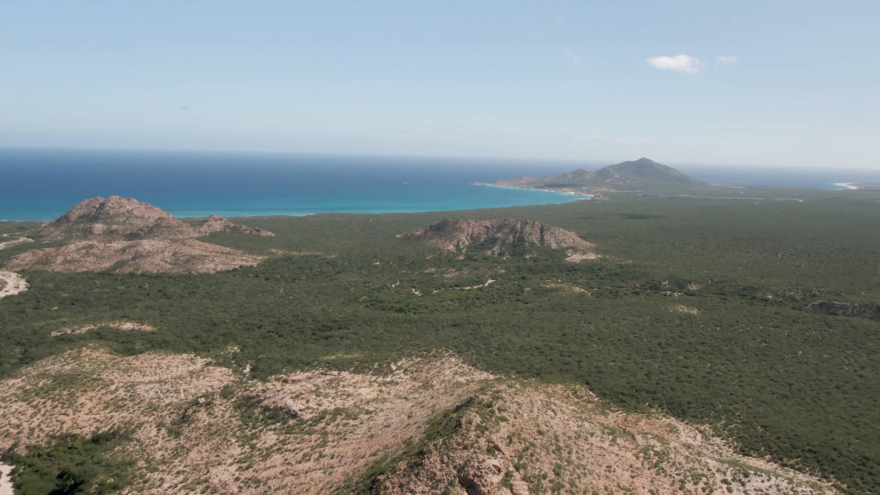 Aerial view of Cabo Pulmo showing a rounded rocky hill at left, a lower ridge near center, broad green desert vegetation, turquoise shoreline water, and no visible people.