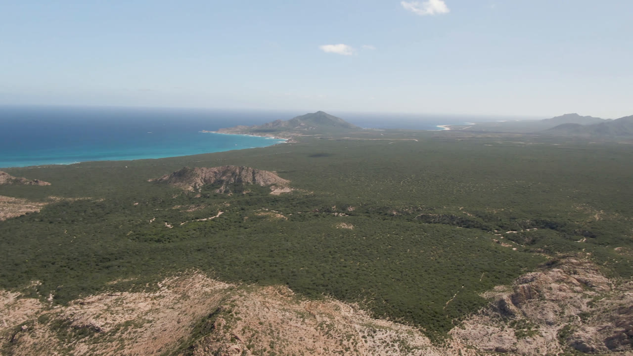 Aerial frame from Cabo Pulmo showing a broad green plain, a rocky rise below center, turquoise shoreline at left, distant mountains, and no visible people.