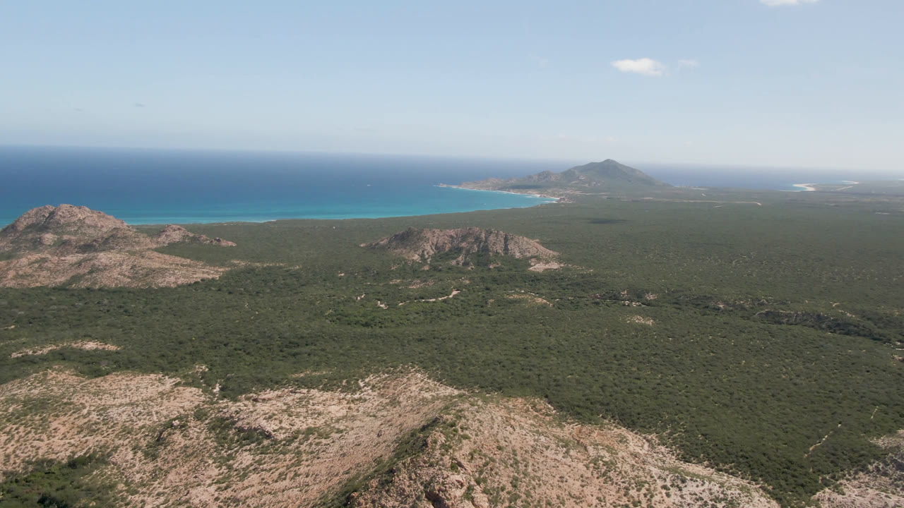 Aerial view in Cabo Pulmo showing a broad green landscape, low tan rock formations, distant coastline, blue ocean, pale sky, and no visible people.