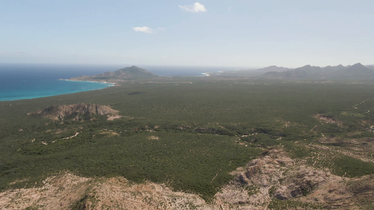 Aerial view in Cabo Pulmo with turquoise water along the left coast, a rocky ridge in the lower frame, wide green vegetation, hazy mountains, and no visible people.