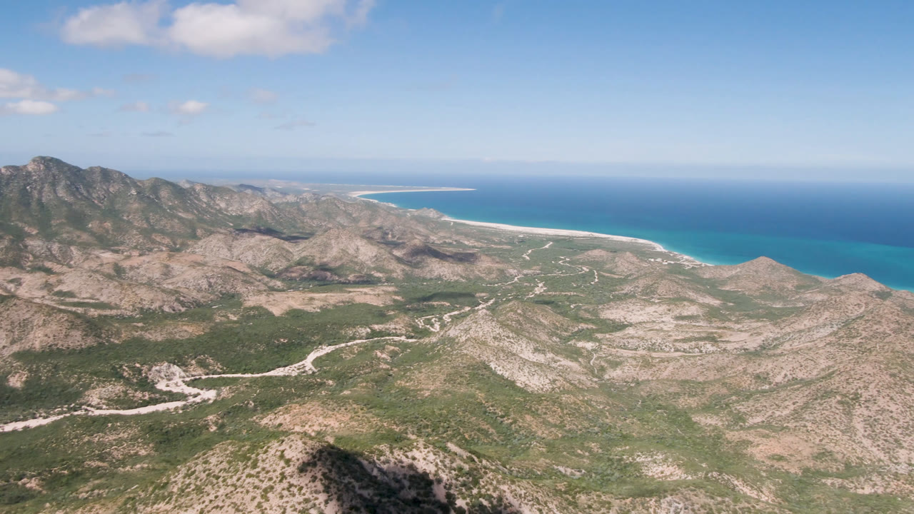Rocky coastal mountains and turquoise water under scattered clouds.