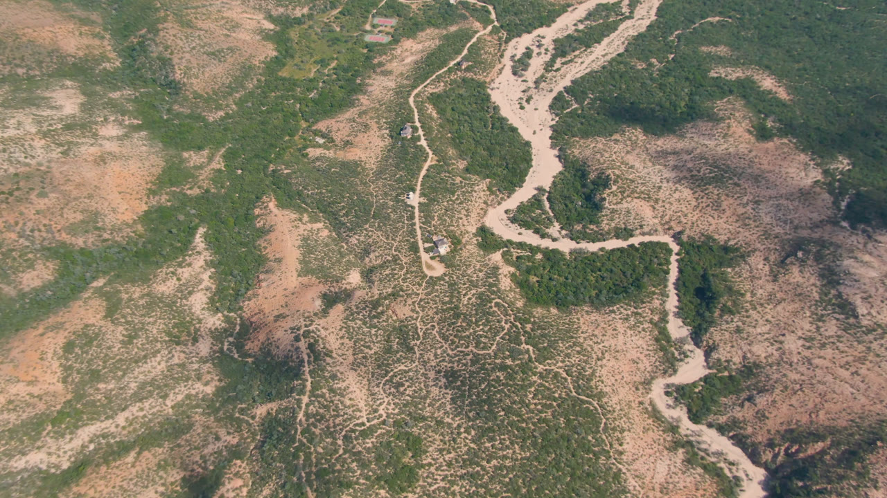 Second aerial frame over Cabo Pulmo terrain with branching pale river channels, mottled green brush, tan dry ground, and no visible people.