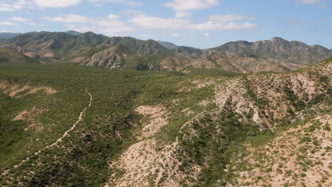Aerial landscape of arid ridges, scrub-covered valley, and blue sky