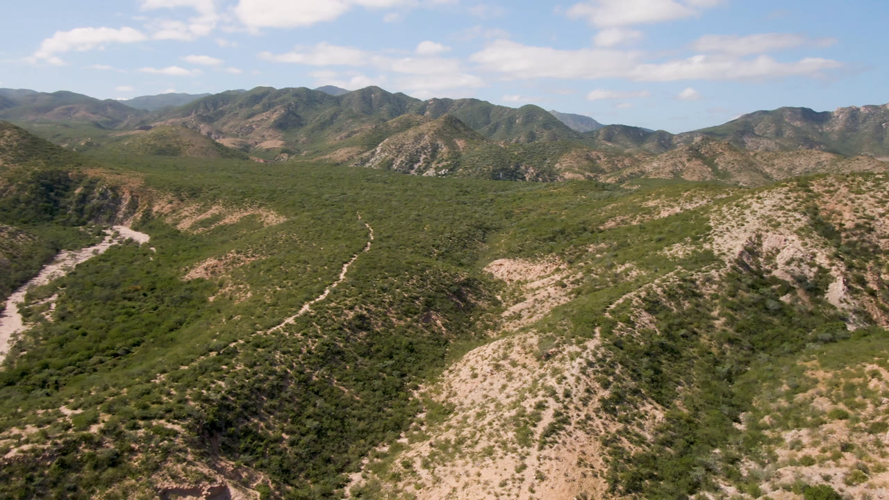 High desert ridges with a pale winding route cutting through green-brown terrain.