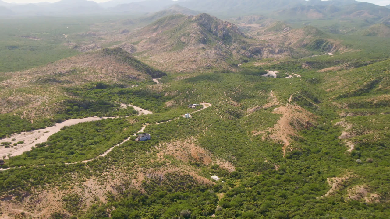 High aerial frame from Cabo Pulmo, Baja California Sur, with rocky hills in the foreground, dense green brush in the valley, a winding dirt road, a pale wash, and no visible people.