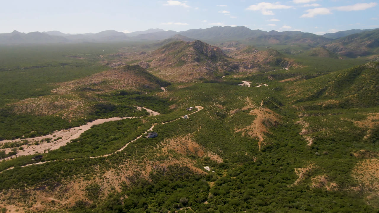 High aerial frame over Cabo Pulmo scrubland with a tan winding road, rocky hills, distant mountains, blue sky, and no visible people.