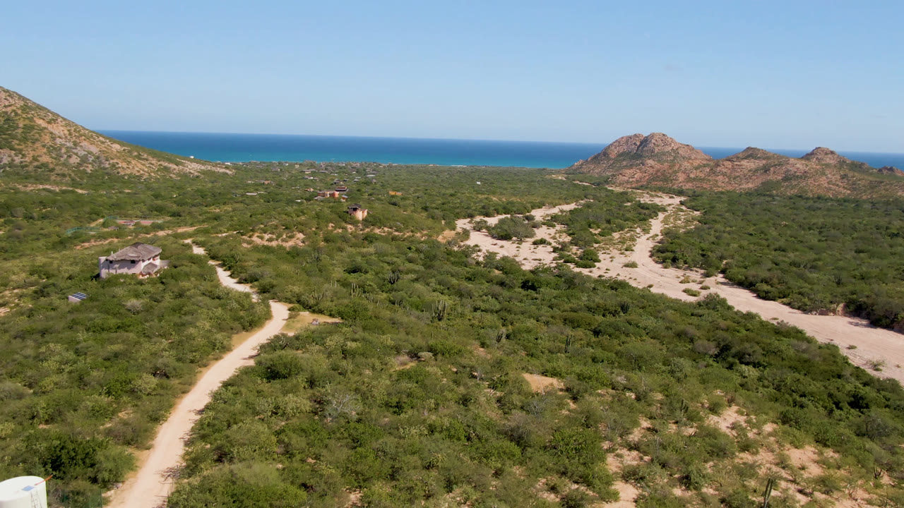 Aerial view of a dirt road through green desert scrub toward hills and ocean.