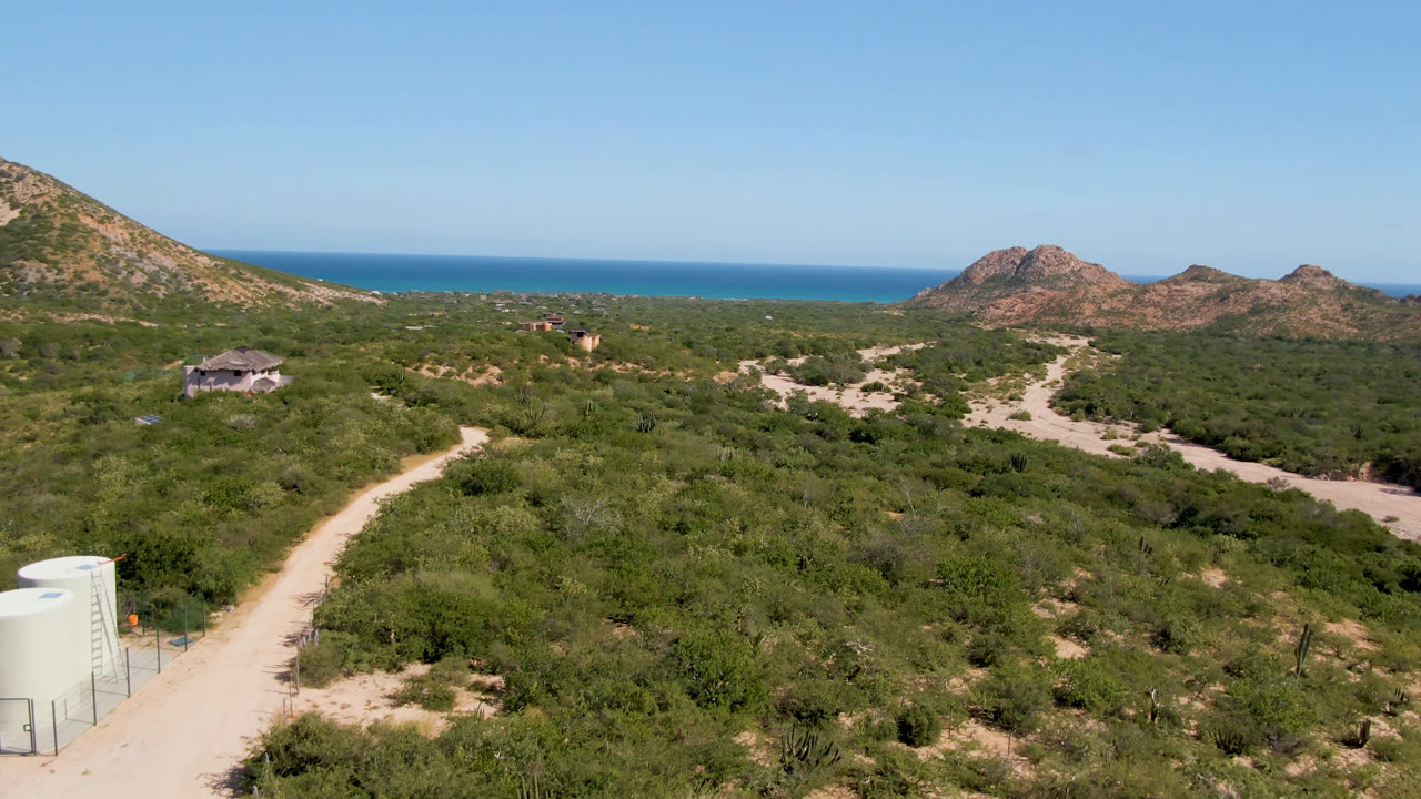 Wide elevated view in Cabo Pulmo, Baja California Sur, showing a pale dirt road through green scrub, a small building, rocky hills, blue ocean, and no visible people.