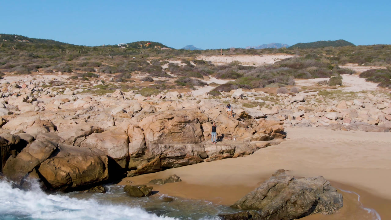 Rocky beach with waves breaking at the lower edge and scrub-covered dunes behind.