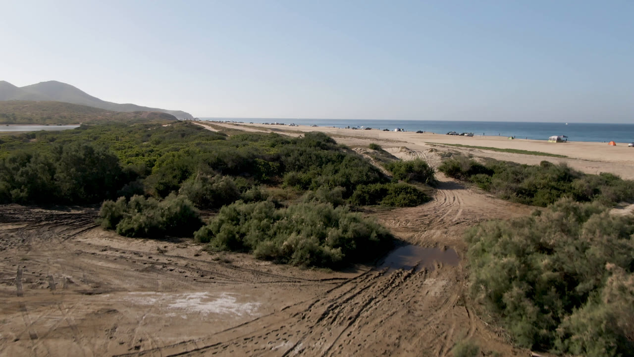 Elevated Migrino frame with curving sandy vehicle tracks crossing scrubby foreground terrain toward a wide beach, blue ocean, low hills, and no visible people.