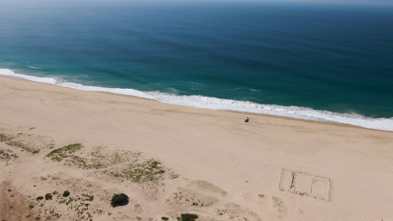 Drone view of waves, beach sand, dune scrub, and sand markings.