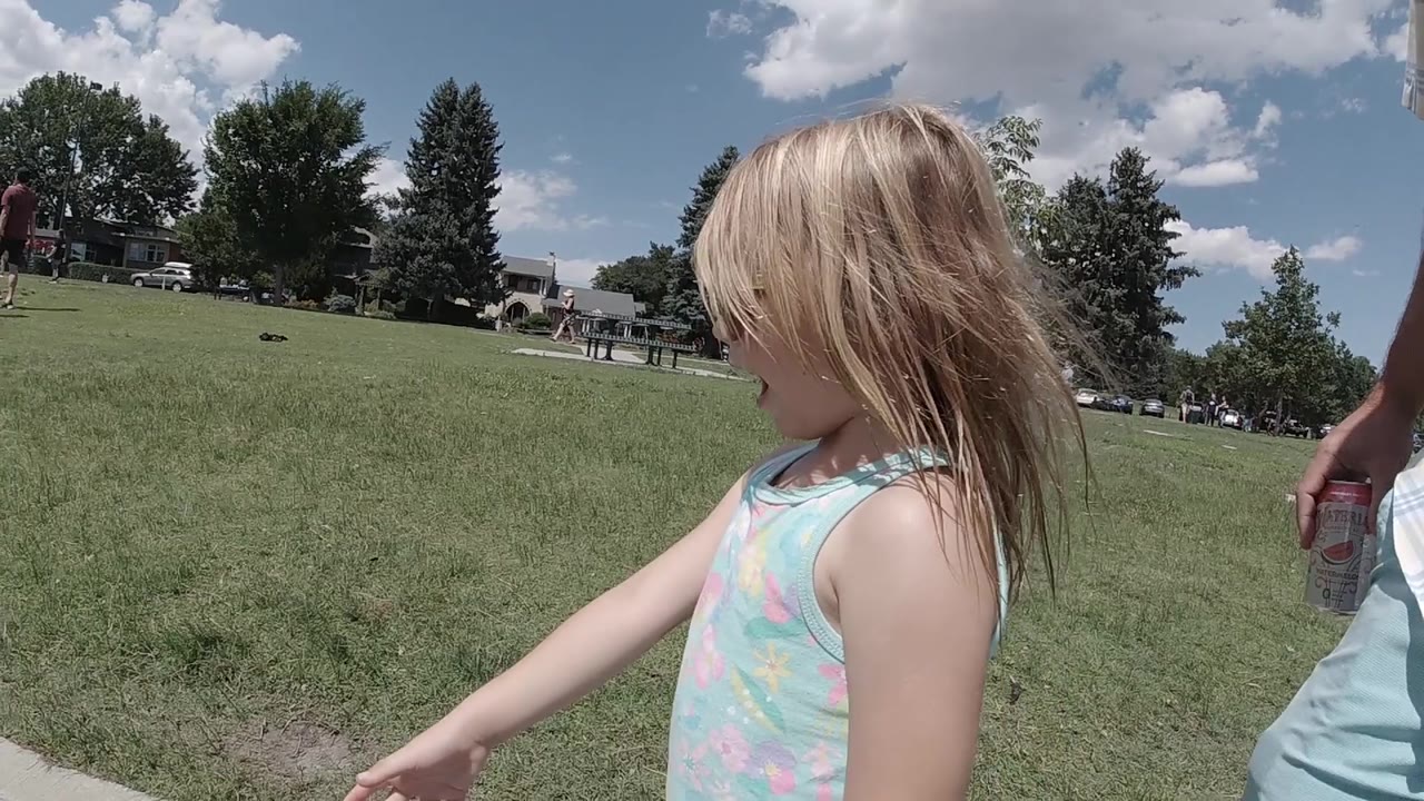 The child stands at the right side of frame in profile, with bright sun on her hair, green grass across the midground, and trees and homes in the distance.