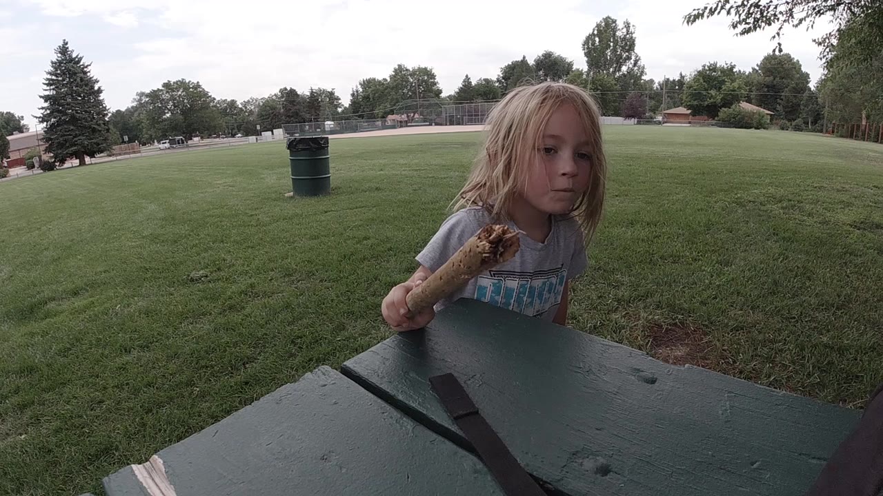 Child pauses at the picnic table while holding a stick.