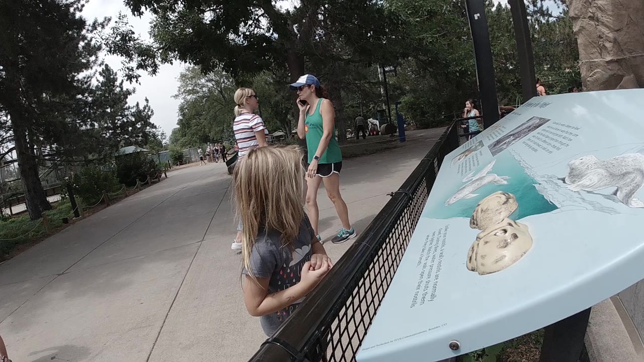 Girl and two women near an educational display along a walkway.
