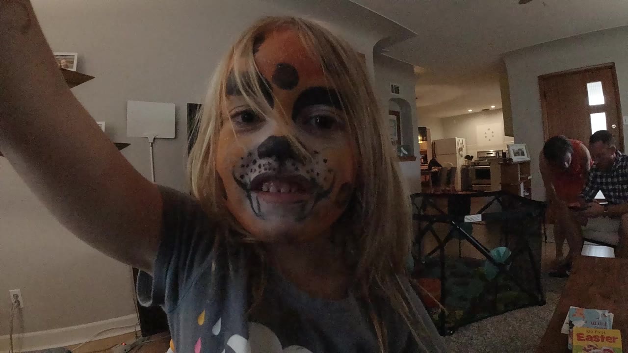Girl with face paint smiles near the lens with party items behind her.