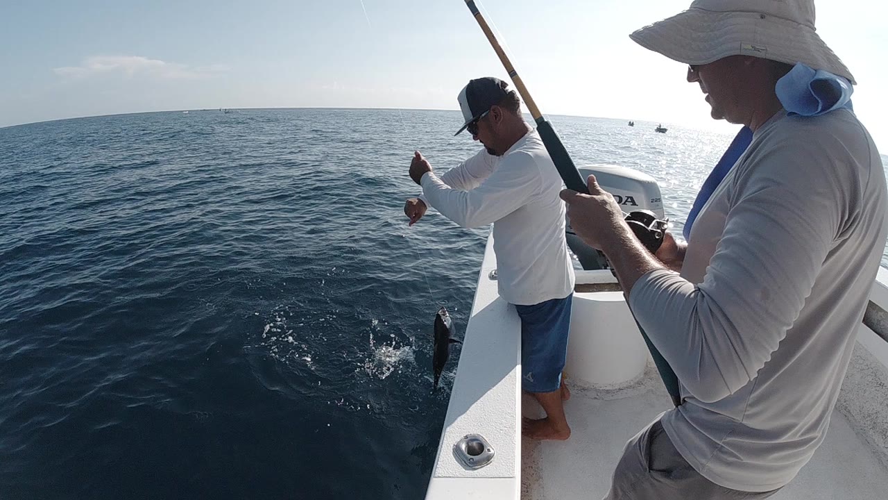 In Cabo, Baja California Sur, a boy stands near the boat rail with a small fish while an adult holds a fishing rod in the foreground and another adult stands by the water.