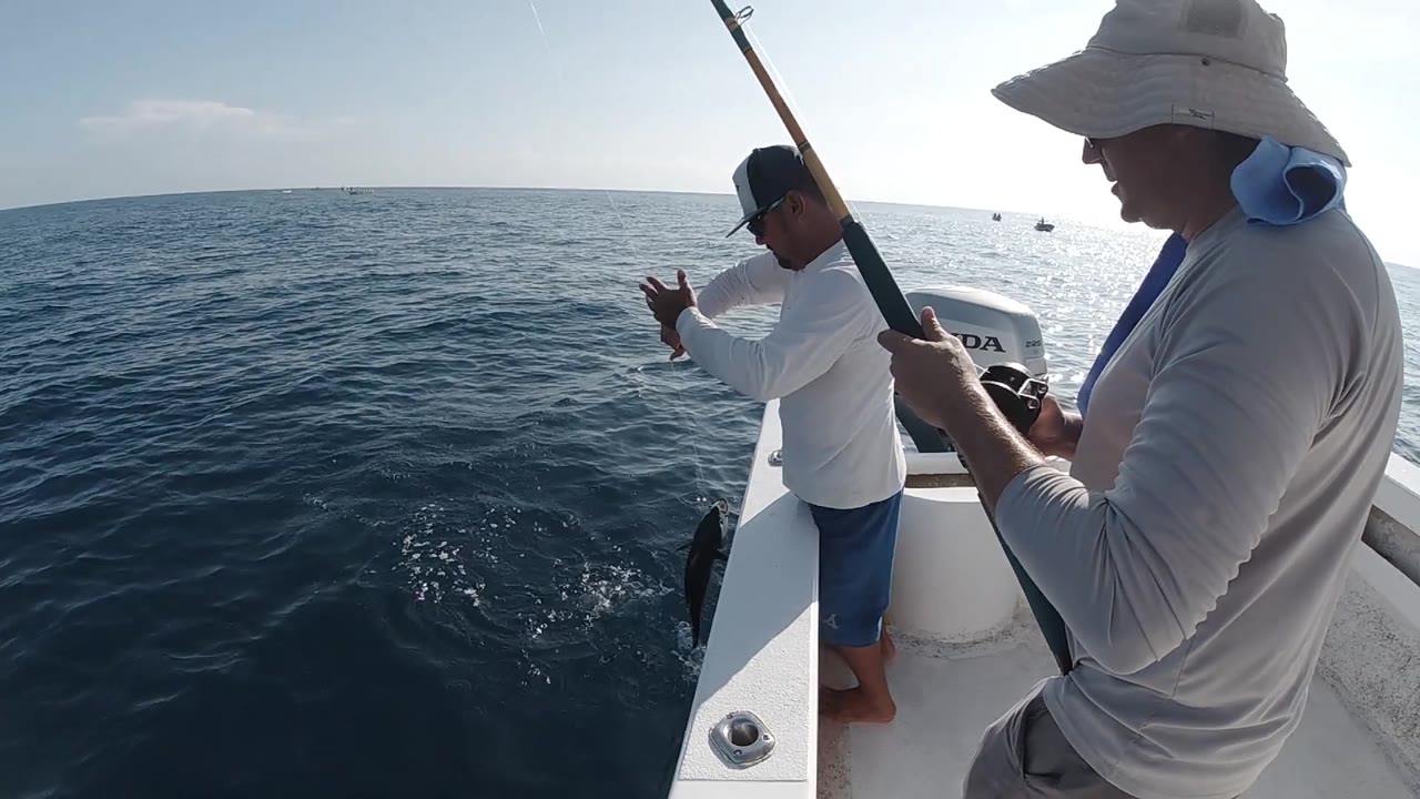 A hat-wearing adult fills the right foreground with a fishing rod while the boy in a white shirt holds the fish over the rail against blue sea.