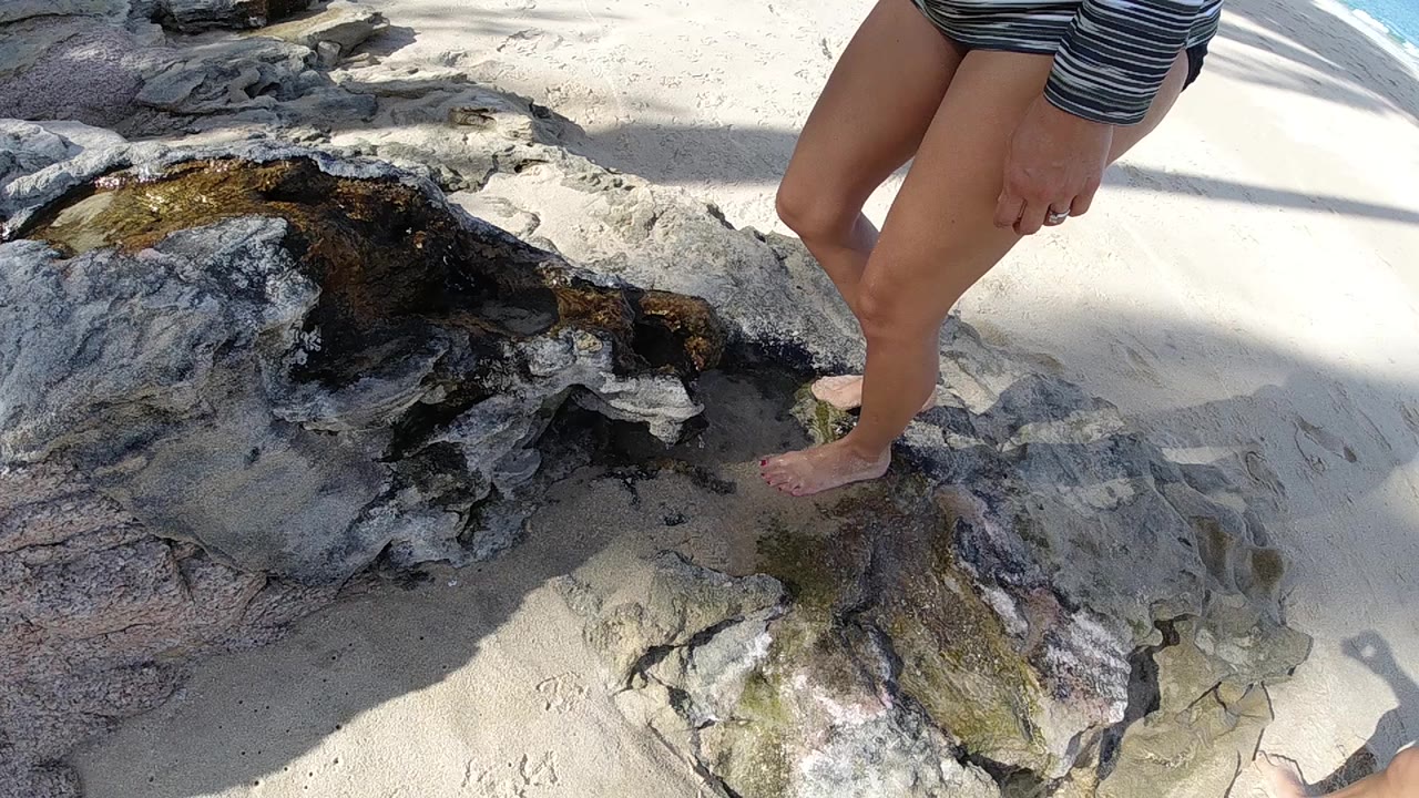Ground-level low-angle view of bare feet and lower legs in a blue-striped swimsuit bottom stepping onto pale irregular rocks on a Cabo, Baja California Sur beach; no face visible.