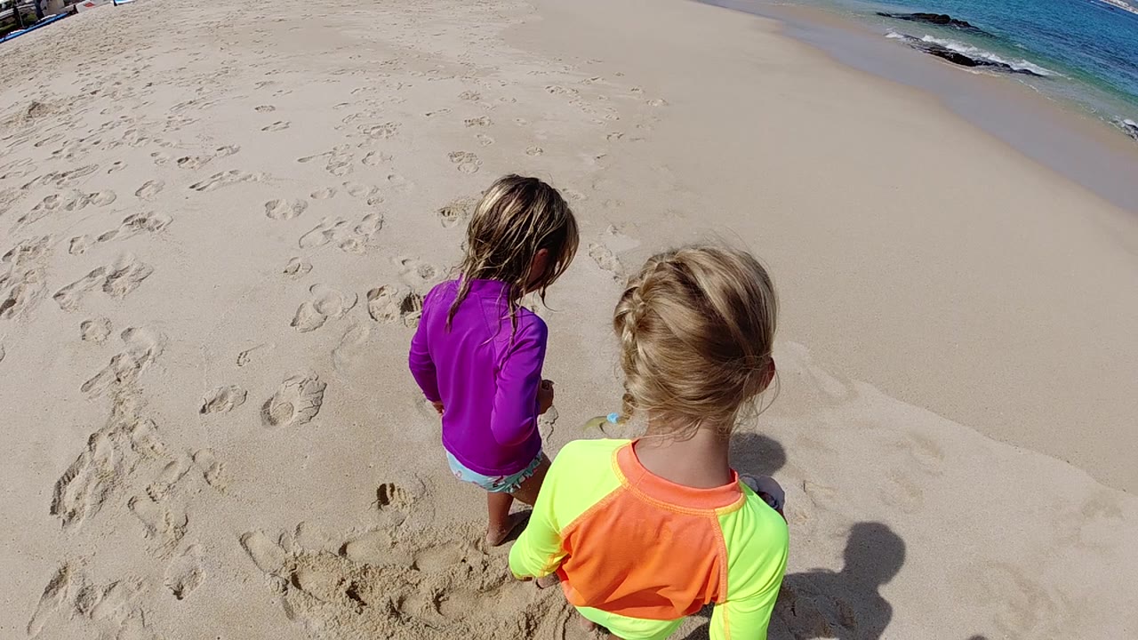 Children face the sand on a sunny beach.