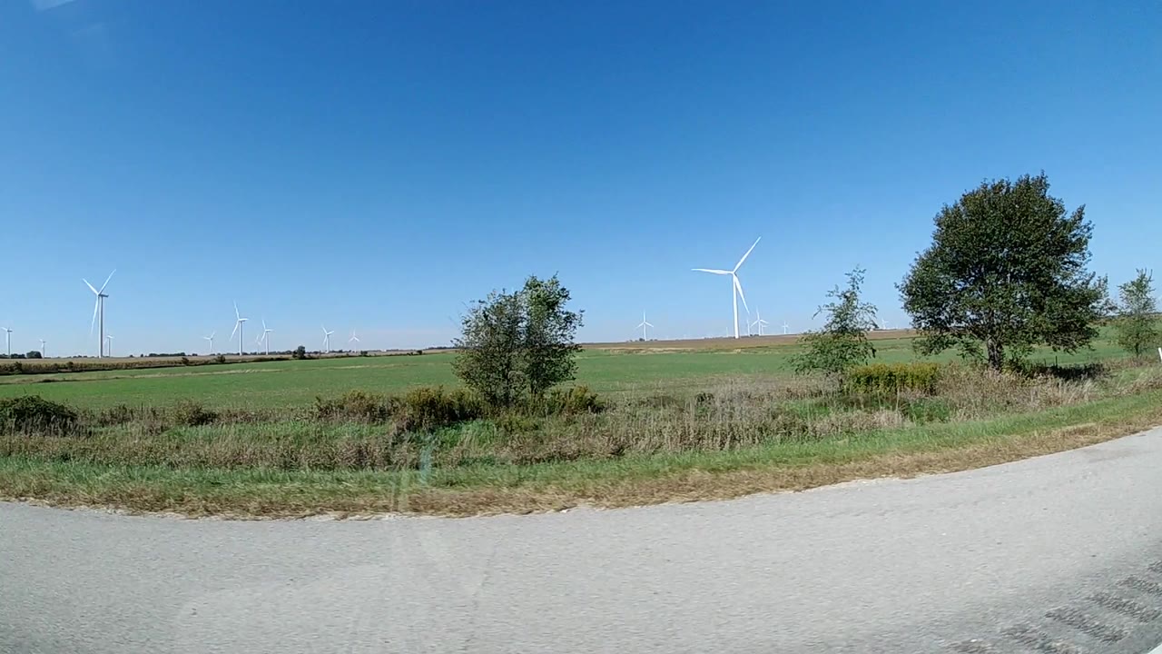 A paved roadside foreground borders green fields with distant white wind turbines and scattered trees under a clear blue sky, no visible people.