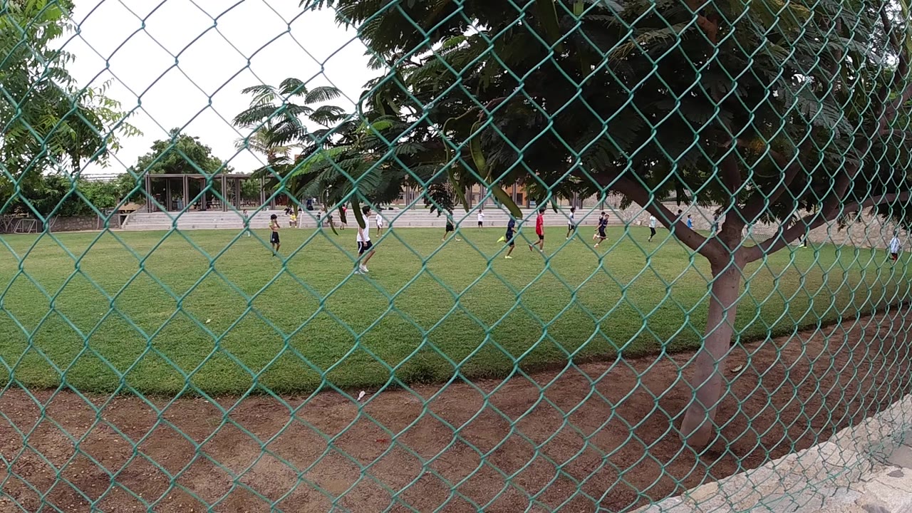 Players move across a grass soccer field behind a fence.