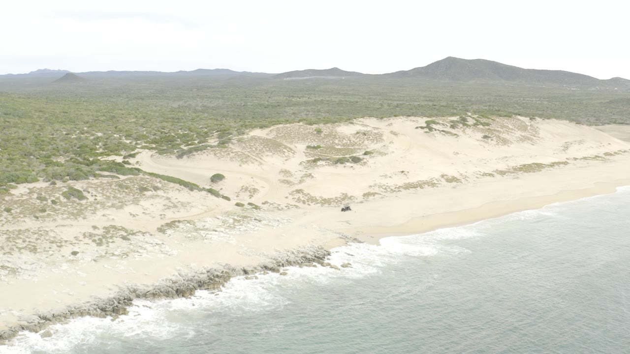 Aerial coastal dunes above pale beach and gentle surf