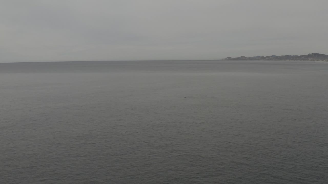 Opening frame of a wide grey ocean view with a faint low coastline on the horizon and no visible people.